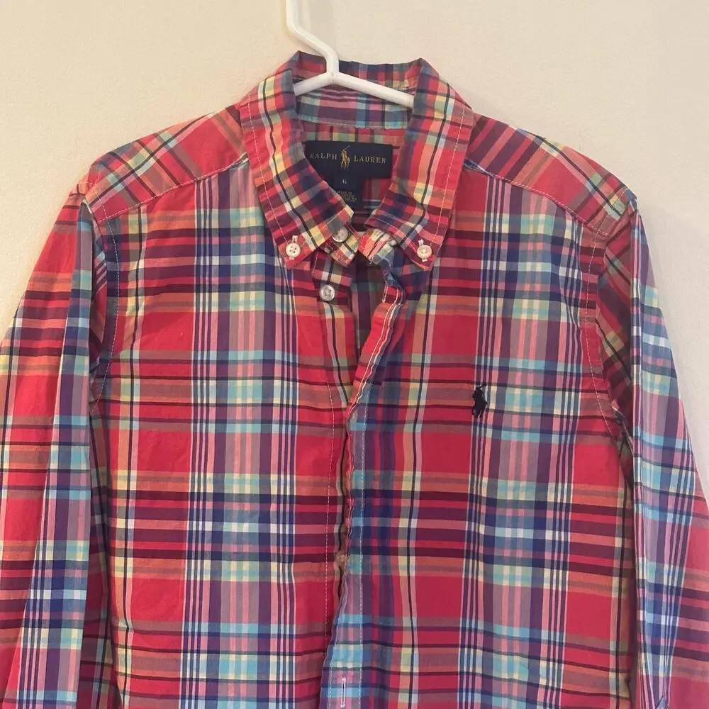Ralph Lauren Red Plaid button down shirt sz 6 Polo Pony Logo Madras Plaid Oxford